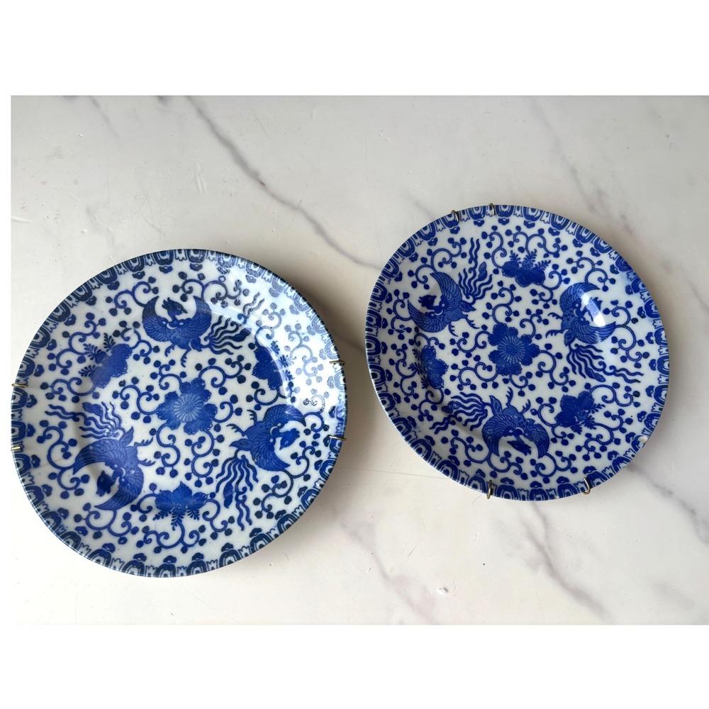 Vintage Japanese Blue White Phoenix Floral Porcelain Wall Plates Set of 2 6"